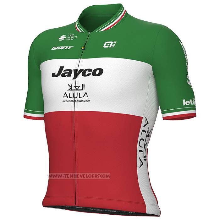 2023 Maillot Cyclisme Jayco Alulaitaliechampion Vert Blanc Rouge Manches Courtes et Cuissard
